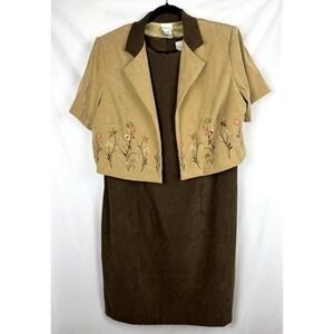Studio‎ C Plus Vintage 90s Skirt Suit Dress Set 18W Brown Suede Cottagecore